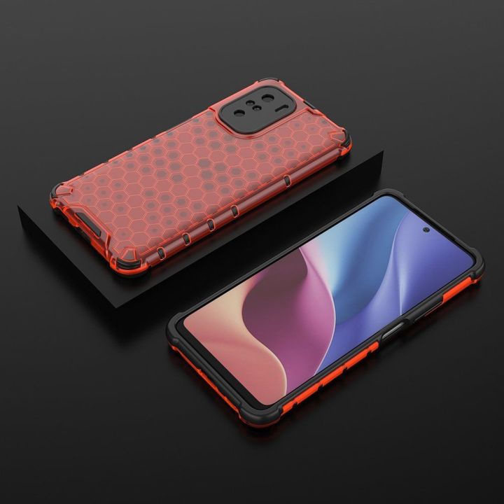 Honeycomb korpuso šarvuotas dangtelis su TPU bamperiu, skirtas Xiaomi Redmi K40 Pro+ / K40 Pro / K40 / Poco F3 , raudonas