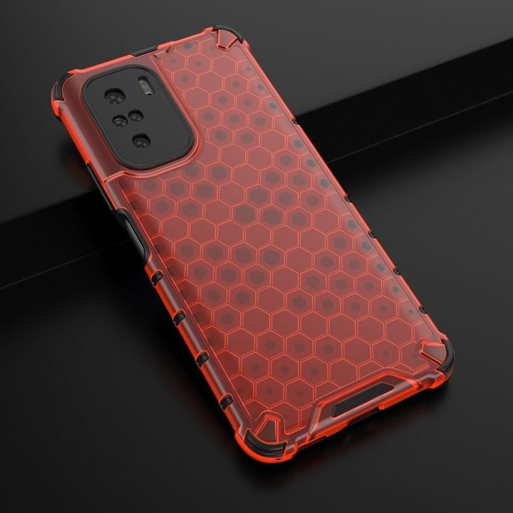 Honeycomb korpuso šarvuotas dangtelis su TPU bamperiu, skirtas Xiaomi Redmi K40 Pro+ / K40 Pro / K40 / Poco F3 , raudonas