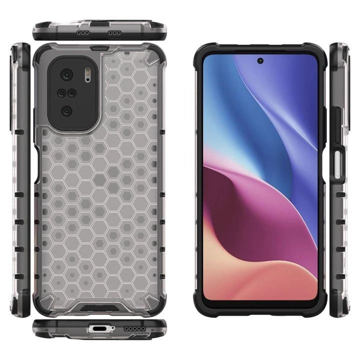 Honeycomb korpuso šarvuotas dangtelis su TPU bamperiu, skirtas Xiaomi Redmi K40 Pro+ / K40 Pro / K40 / Poco F3 , skaidrus