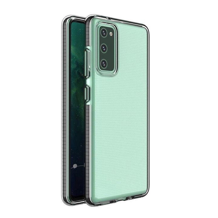 korpusas skaidrus TPU gelio apsauginis dangtelis su spalvingu rėmeliu, skirtas Samsung Galaxy A02s EU , juodos spalvos