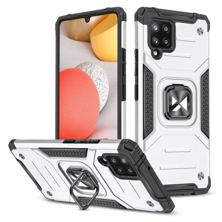 Ring Armor korpusas Kickstand Tough Rugged Cover, skirtas Samsung Galaxy A42 5G , sidabrinis