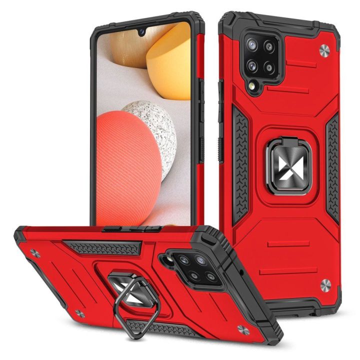 Ring Armor Case Kickstand Tough Rugged Cover for Samsung Galaxy A42 5G raudonas