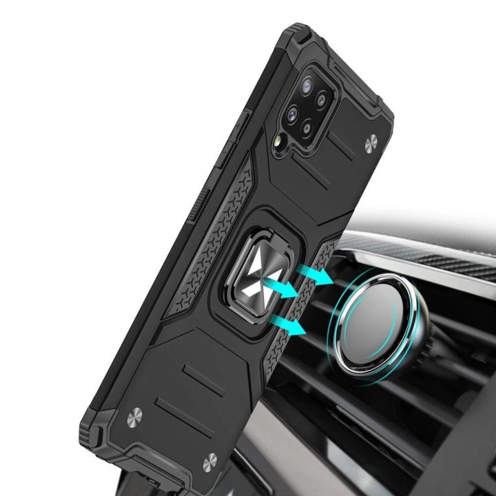 Ring Armor dėklas Kickstand tvirtas atsparus dangtelis, skirtas Samsung Galaxy A42 5G , juodas
