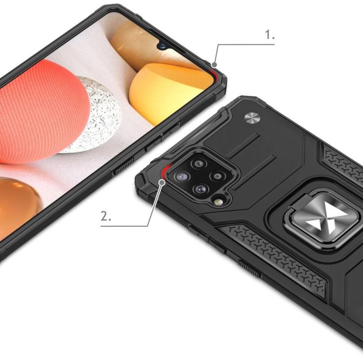 Ring Armor dėklas Kickstand tvirtas atsparus dangtelis, skirtas Samsung Galaxy A42 5G , juodas