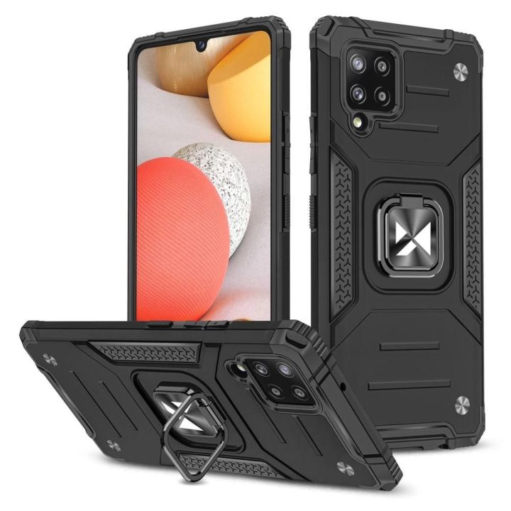 Ring Armor dėklas Kickstand tvirtas atsparus dangtelis, skirtas Samsung Galaxy A42 5G , juodas