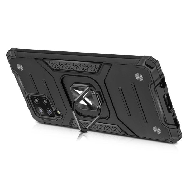 Ring Armor dėklas Kickstand tvirtas atsparus dangtelis, skirtas Samsung Galaxy A42 5G , juodas