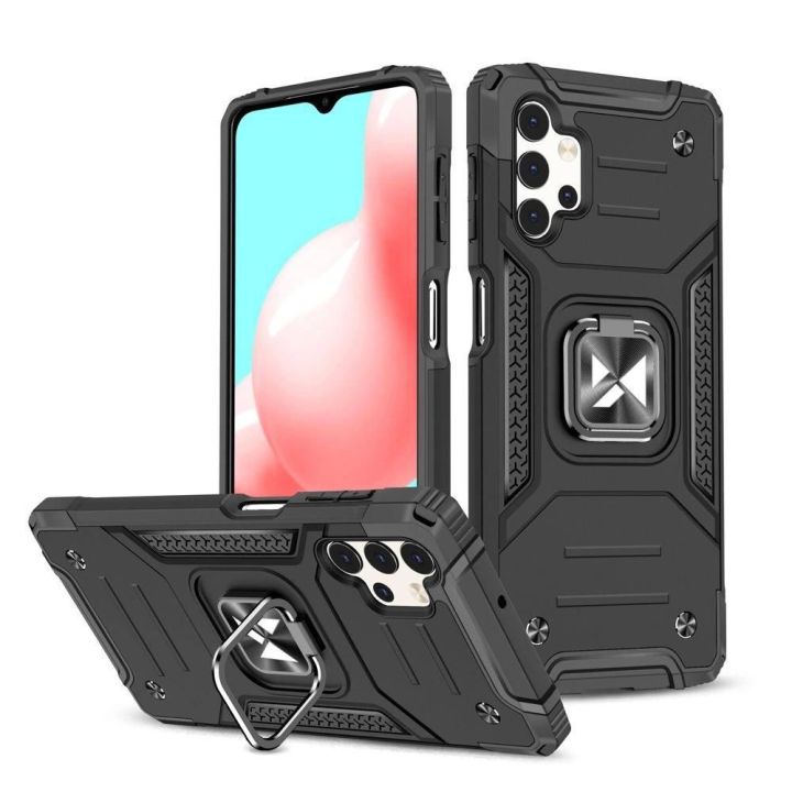 Ring Armor dėklas Kickstand tvirtas atsparus dangtelis, skirtas Samsung Galaxy A32 5G , juodos spalvos