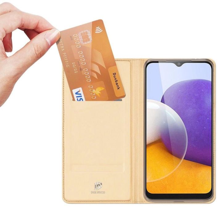 Skin Pro Bookcase knygų dėklo tipo dėklas, skirtas Samsung Galaxy A22 4G golden