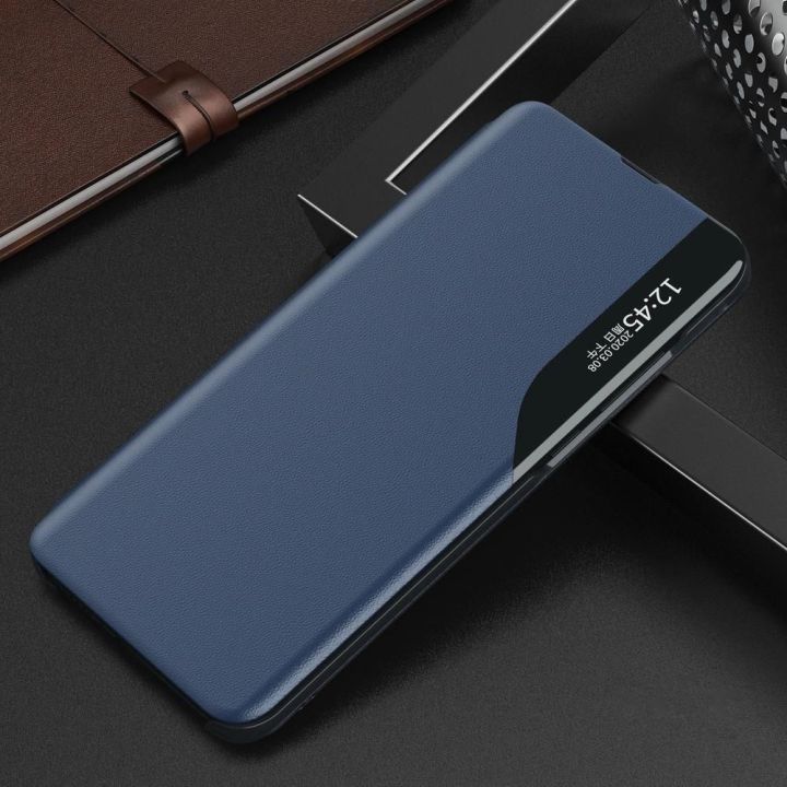 Eco Leather View dėklas elegantiškas knygų dėklas su stovu, skirtas Samsung Galaxy A22 4G , mėlynos spalvos