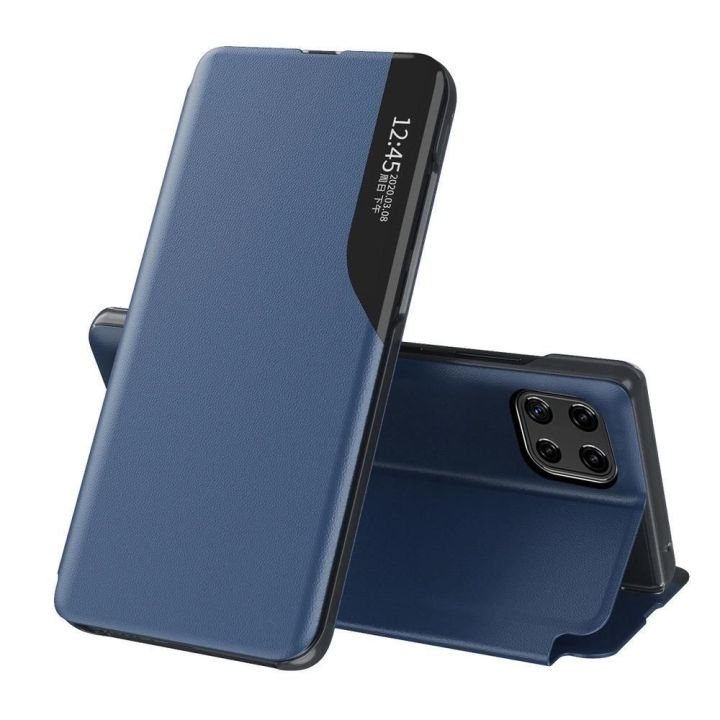 Eco Leather View dėklas elegantiškas knygų dėklas su stovu, skirtas Samsung Galaxy A22 4G , mėlynos spalvos