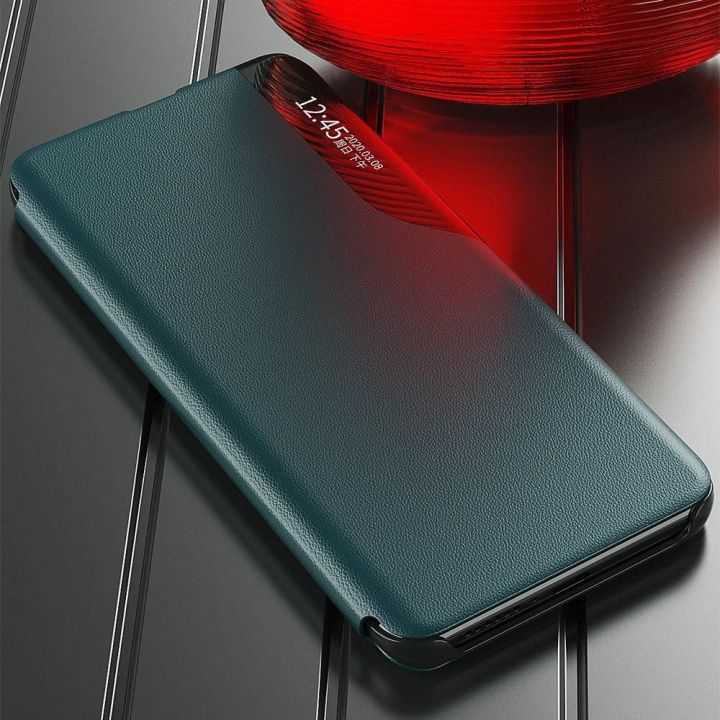 Eco Leather View dėklas elegantiškas knygų dėklas su stovu, skirtas Samsung Galaxy A22 4G , oranžinis