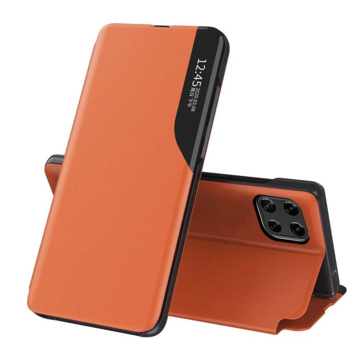 Eco Leather View dėklas elegantiškas knygų dėklas su stovu, skirtas Samsung Galaxy A22 4G , oranžinis