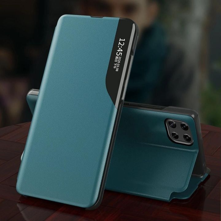 Eco Leather View dėklas elegantiškas knygų dėklas su stovu, skirtas Samsung Galaxy A22 4G , raudonas