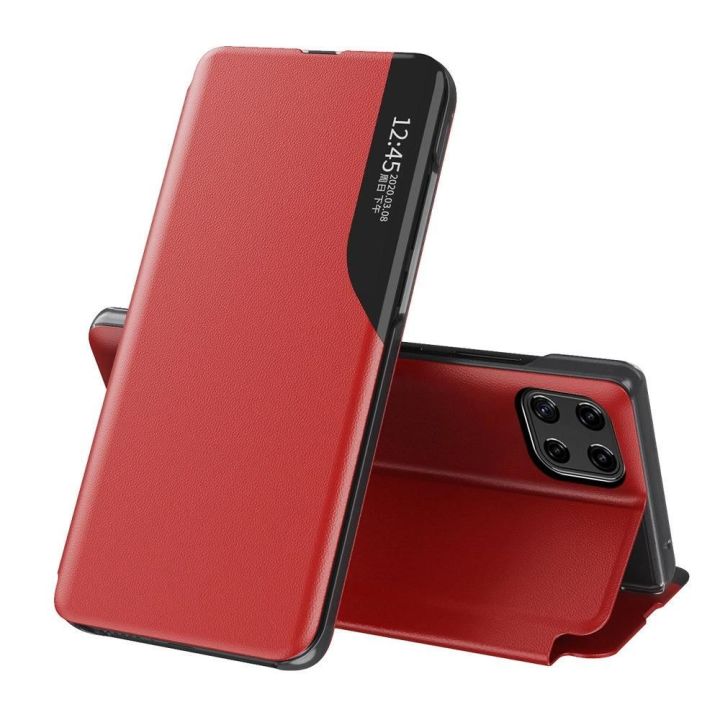 Eco Leather View dėklas elegantiškas knygų dėklas su stovu, skirtas Samsung Galaxy A22 4G , raudonas