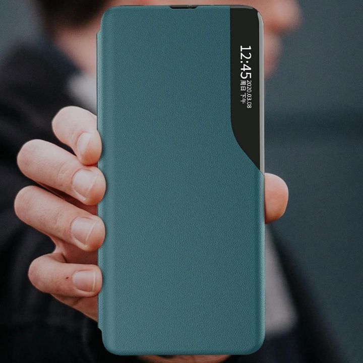 Eco Leather View dėklas elegantiškas knygų dėklas su stovu, skirtas Samsung Galaxy A22 4G , raudonas