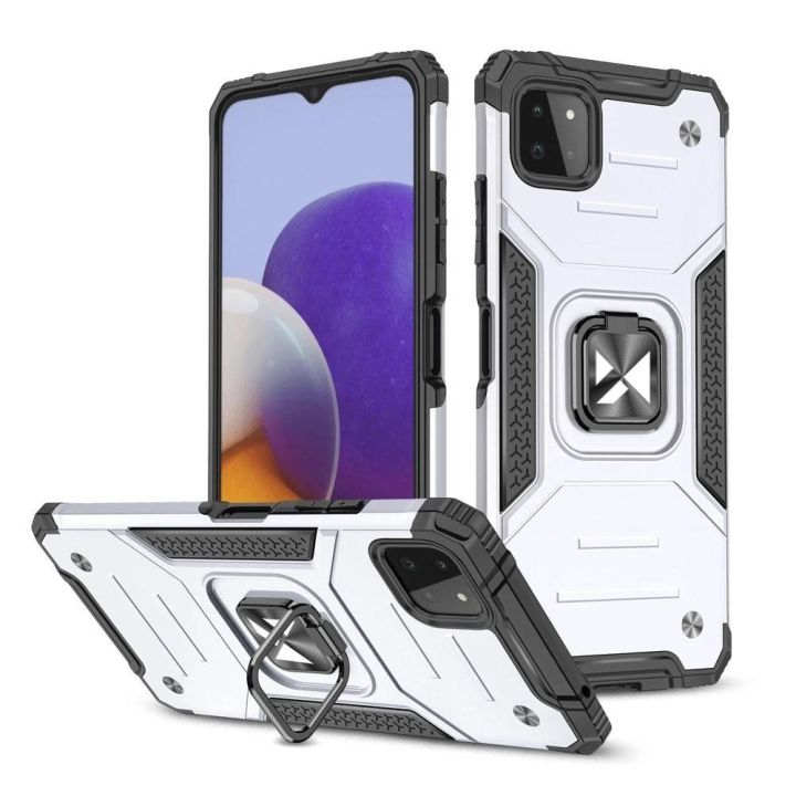 Ring Armor dėklas Kickstand tvirtas atsparus dangtelis, skirtas Samsung Galaxy A22 4G , sidabrinis