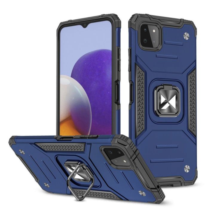 Ring Armor dėklas Kickstand tvirtas atsparus dangtelis, skirtas Samsung Galaxy A22 4G , mėlynas