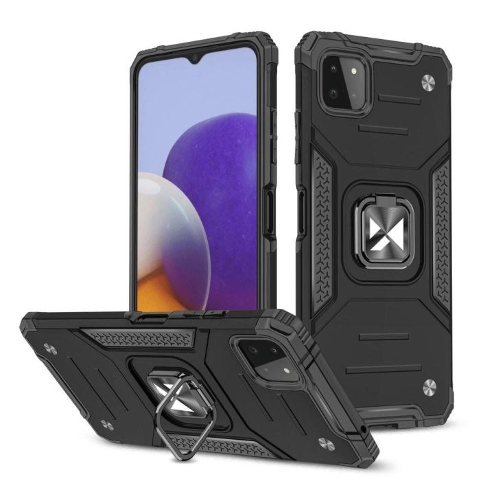 Ring Armor dėklas Kickstand tvirtas atsparus dangtelis, skirtas Samsung Galaxy A22 4G , juodos spalvos