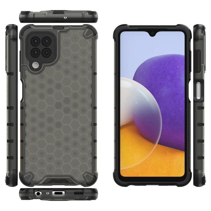 Honeycomb korpuso šarvuotas dangtelis su TPU bamperiu, skirtas Samsung Galaxy A22 4G , juodas