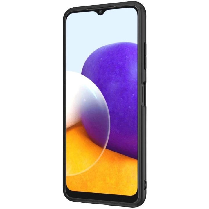 Nillkin Textured Case tvirtas dangtelis su gelio rėmeliu ir nailonu ant nugarėlės Samsung Galaxy A22 4G , juodas