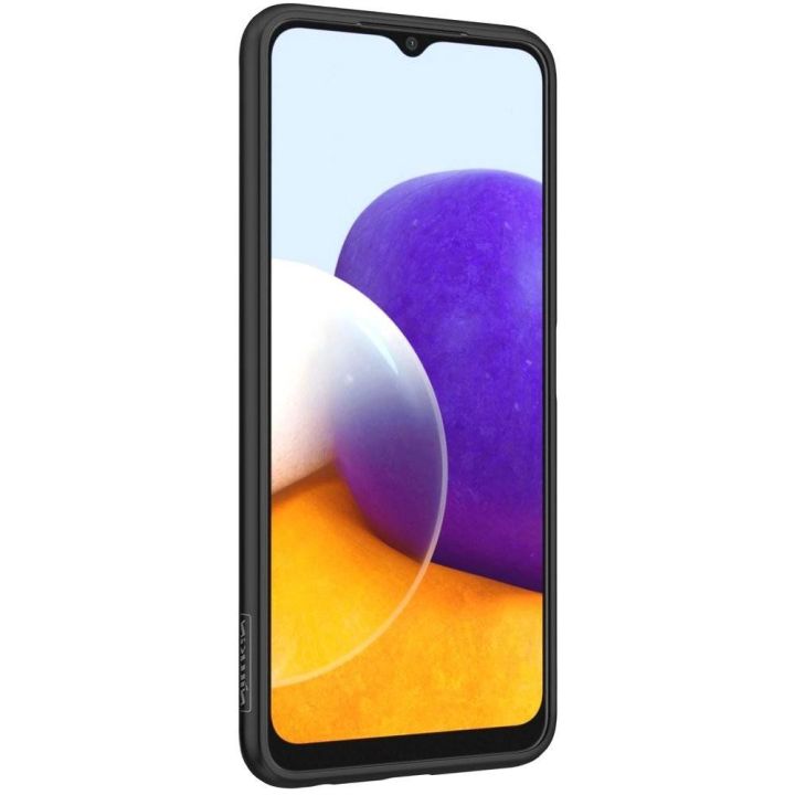 Nillkin Textured Case tvirtas dangtelis su gelio rėmeliu ir nailonu ant nugarėlės Samsung Galaxy A22 4G , juodas