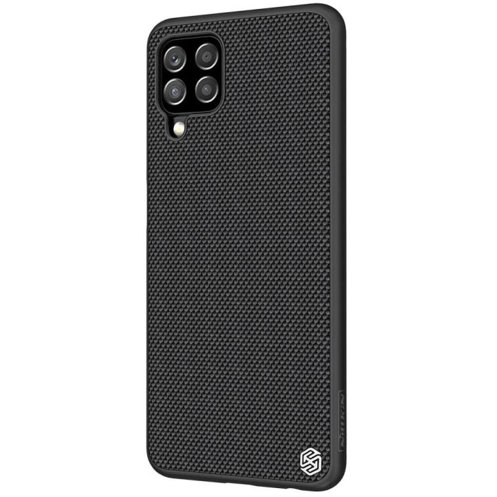 Nillkin Textured Case tvirtas dangtelis su gelio rėmeliu ir nailonu ant nugarėlės Samsung Galaxy A22 4G , juodas