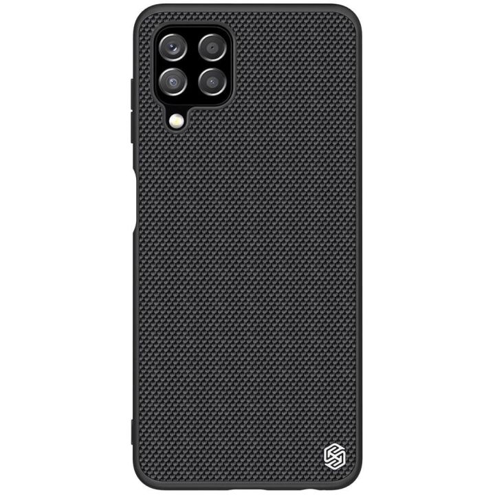 Nillkin Textured Case tvirtas dangtelis su gelio rėmeliu ir nailonu ant nugarėlės Samsung Galaxy A22 4G , juodas
