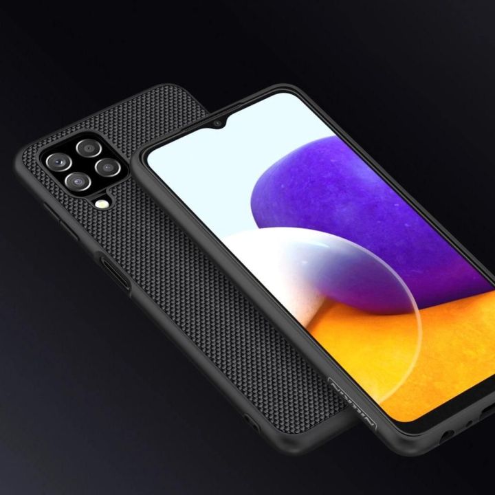 Nillkin Textured Case tvirtas dangtelis su gelio rėmeliu ir nailonu ant nugarėlės Samsung Galaxy A22 4G , juodas