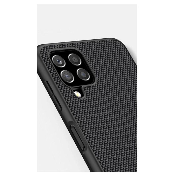 Nillkin Textured Case tvirtas dangtelis su gelio rėmeliu ir nailonu ant nugarėlės Samsung Galaxy A22 4G , juodas