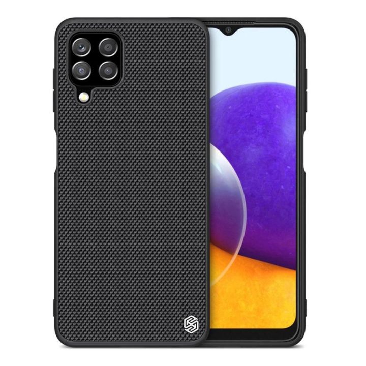 Nillkin Textured Case tvirtas dangtelis su gelio rėmeliu ir nailonu ant nugarėlės Samsung Galaxy A22 4G , juodas