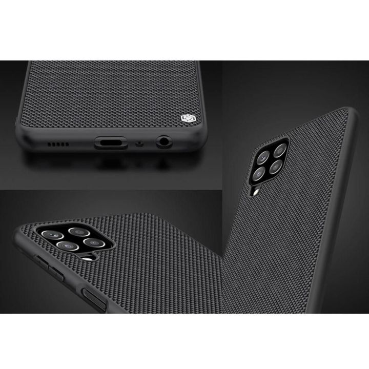 Nillkin Textured Case tvirtas dangtelis su gelio rėmeliu ir nailonu ant nugarėlės Samsung Galaxy A22 4G , juodas