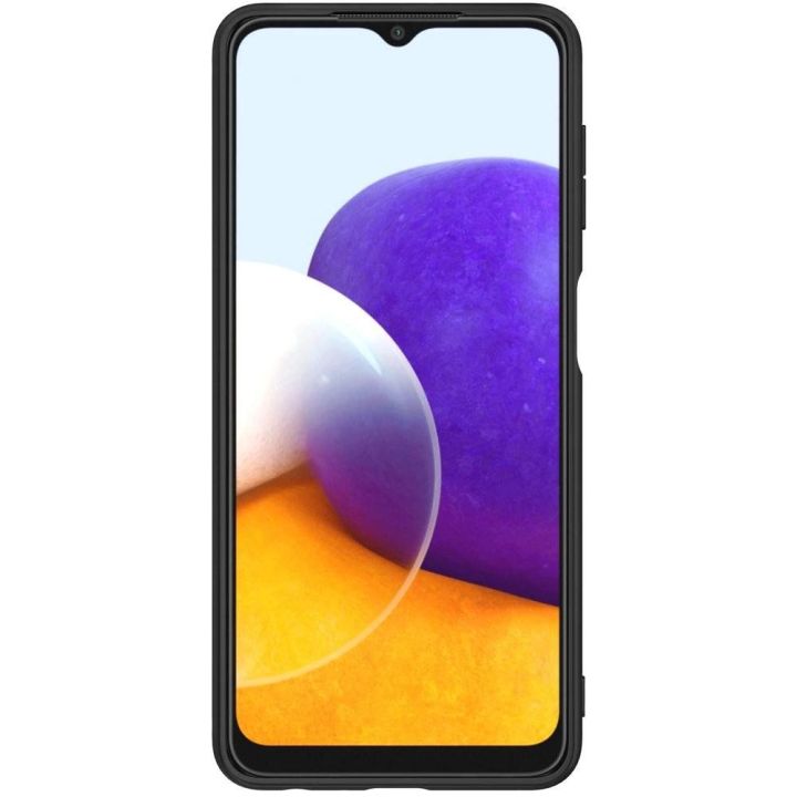 Nillkin Textured Case tvirtas dangtelis su gelio rėmeliu ir nailonu ant nugarėlės Samsung Galaxy A22 4G , juodas