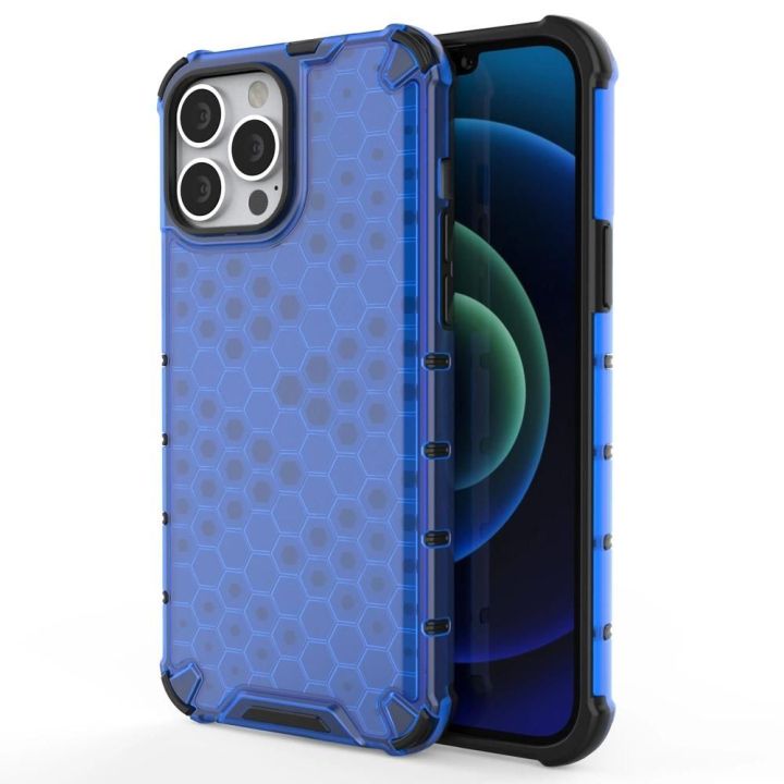 Honeycomb korpuso šarvuotas dangtelis su TPU bamperiu, skirtas iPhone 13 Pro Max , mėlynos spalvos