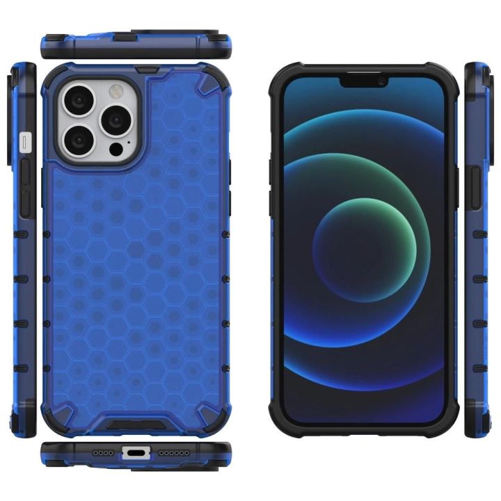 Honeycomb korpuso šarvuotas dangtelis su TPU bamperiu, skirtas iPhone 13 Pro Max , mėlynos spalvos