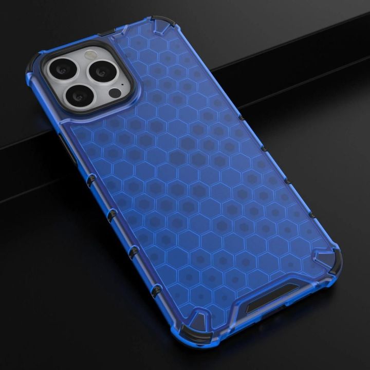 Honeycomb korpuso šarvuotas dangtelis su TPU bamperiu, skirtas iPhone 13 Pro Max , mėlynos spalvos