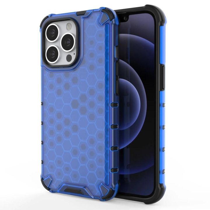 Honeycomb korpuso šarvuotas dangtelis su TPU bamperiu, skirtas iPhone 13 Pro , mėlynos spalvos