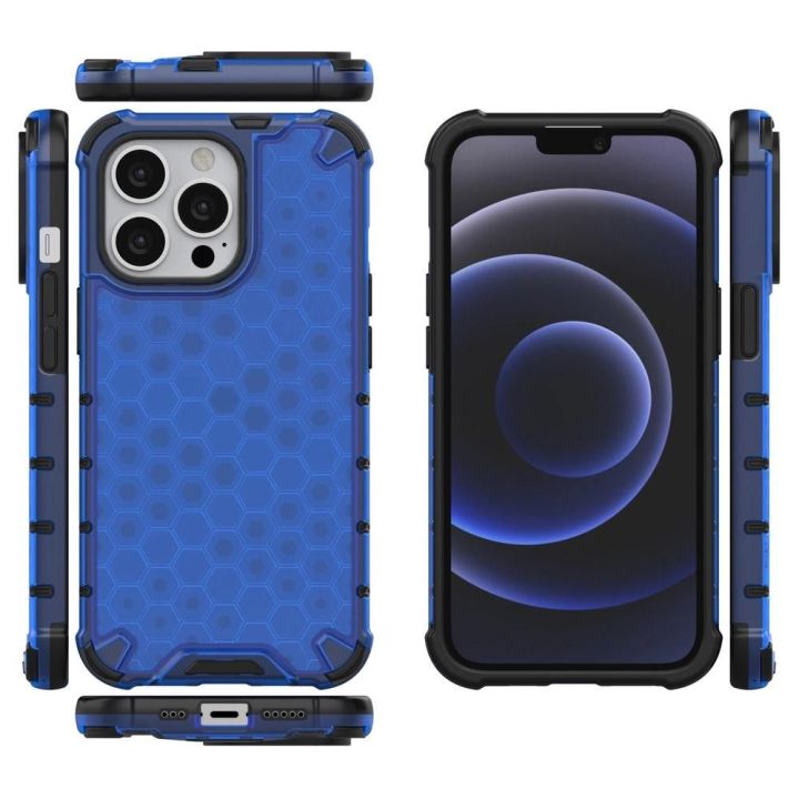 Honeycomb korpuso šarvuotas dangtelis su TPU bamperiu, skirtas iPhone 13 Pro , mėlynos spalvos