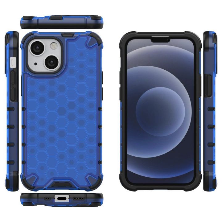 Honeycomb korpuso šarvuotas dangtelis su TPU bamperiu, skirtas iPhone 13 mini , mėlynas