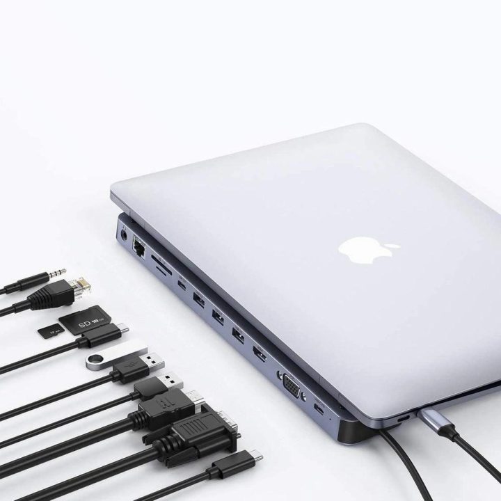 daugiafunkcinis doko stotelės adapteris HUB USB Typ C 11in1 100W PD pilkos spalvos (HUB-M20)