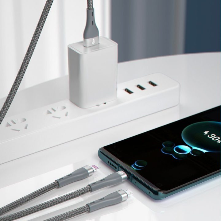 3v1 USB kabelis - Lightning / microUSB / C tipo USB 65W 1,2 m pilkos spalvos (L20X)
