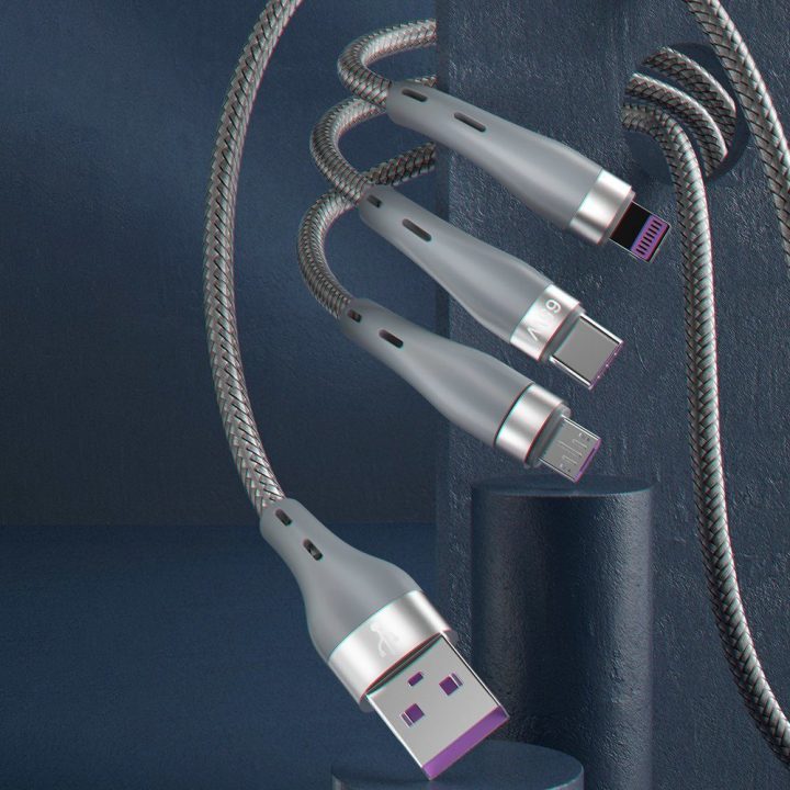 3v1 USB kabelis - Lightning / microUSB / C tipo USB 65W 1,2 m pilkos spalvos (L20X)