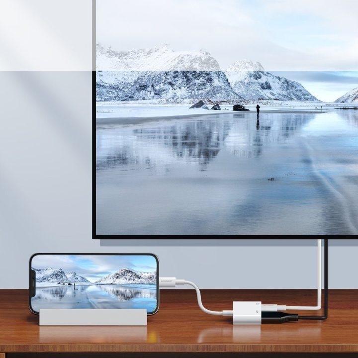 adapteris Lightning (vyriškas) į skaitmeninį HDMI (moteriškas) + Lightning (moteriškas) FullHD 1080p 60Hz baltas (S-H141 baltas)
