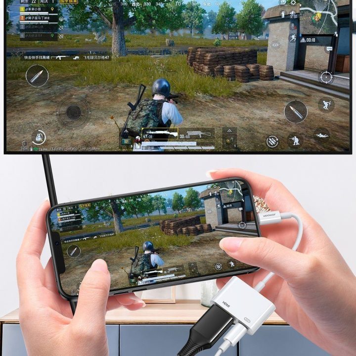 adapteris Lightning (vyriškas) į skaitmeninį HDMI (moteriškas) + Lightning (moteriškas) FullHD 1080p 60Hz baltas (S-H141 baltas)