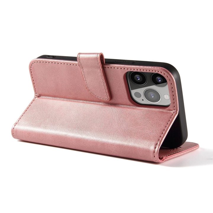 Magnetinis dėklas elegantiškas knygų spintos tipo dėklas su stovu iPhone 13 Pro rožinės spalvos