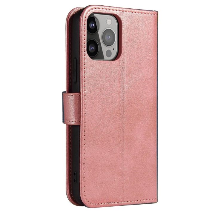 Magnetinis dėklas elegantiškas knygų spintos tipo dėklas su stovu iPhone 13 Pro rožinės spalvos