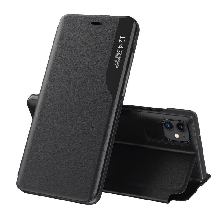 Eco Leather View Case elegantiškas knygų dėklo tipo dėklas su atraminiu stovu, skirtas iPhone 13 Pro Max , juodas