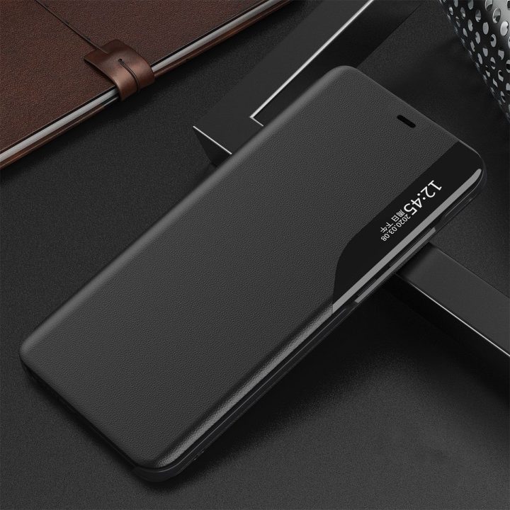 Eco Leather View Case elegantiškas knygų dėklo tipo dėklas su atraminiu stovu, skirtas iPhone 13 Pro Max , juodas