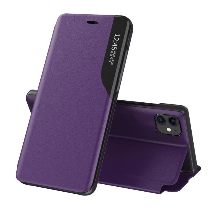 Eco Leather View Case elegantiškas knygų dėklo tipo dėklas su stovu iPhone 13 Pro Max , violetinės spalvos