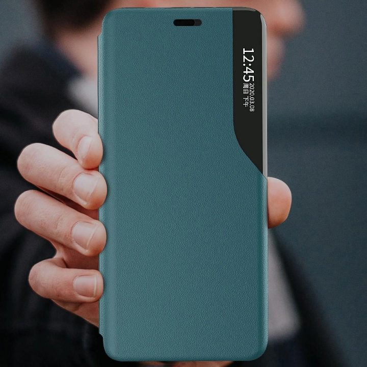 Eco Leather View Case elegantiškas knygų dėklo tipo dėklas su stovu iPhone 13 Pro Max raudonos spalvos