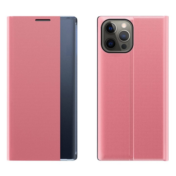 Sleep Case knygų spintos tipo dėklas su išmaniuoju langu iPhone 13 Pro rožinės spalvos